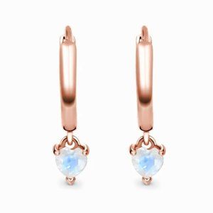 Fine 925 Sterling Silver Heart Shaped Moonstone Dangle Hoop Dipped in Fine Rose